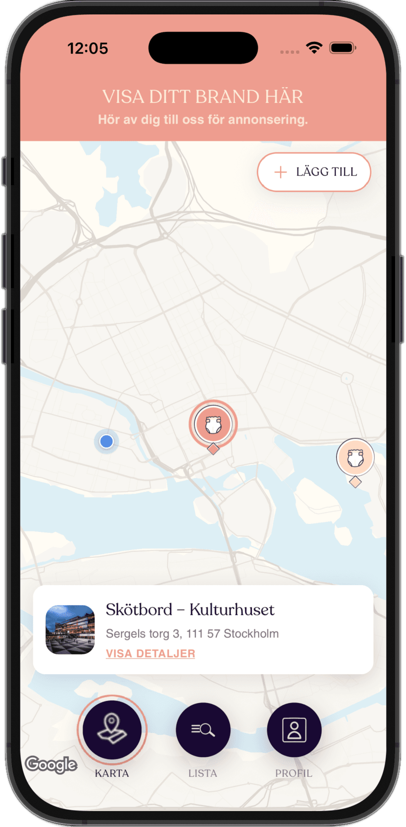 Tiltoa-app som visar en karta med skötbord och barnvänliga platser nära användaren