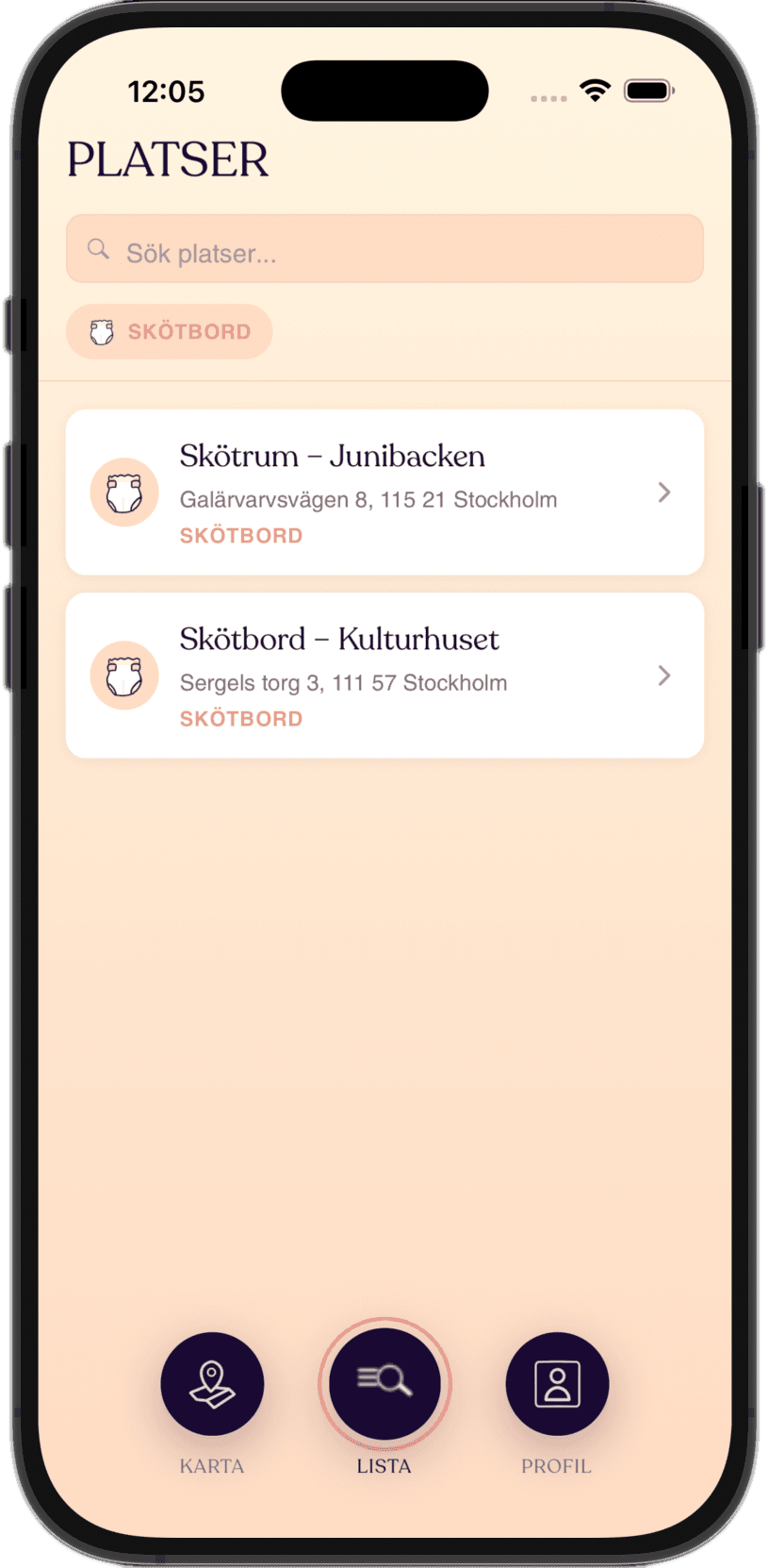 Detaljvy i Tiltoa med bilder, öppettider och tips om ett skötbord